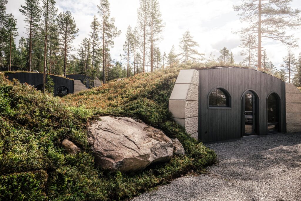 Kaamos Lodge in Finnish Lapland features 80 underground concrete homes made in Estonia by Revonia. Photo: Revonia.