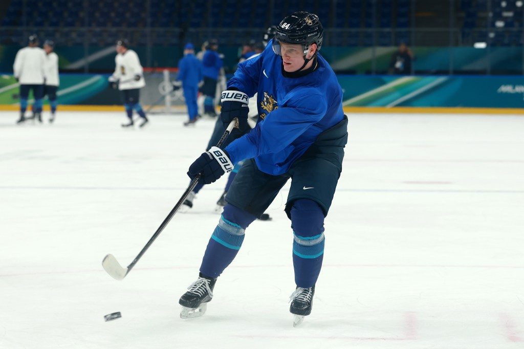 Kaapo Kakko of Team Finland trains during day three of the Milano Cortina 2026 Winter Olympic games.