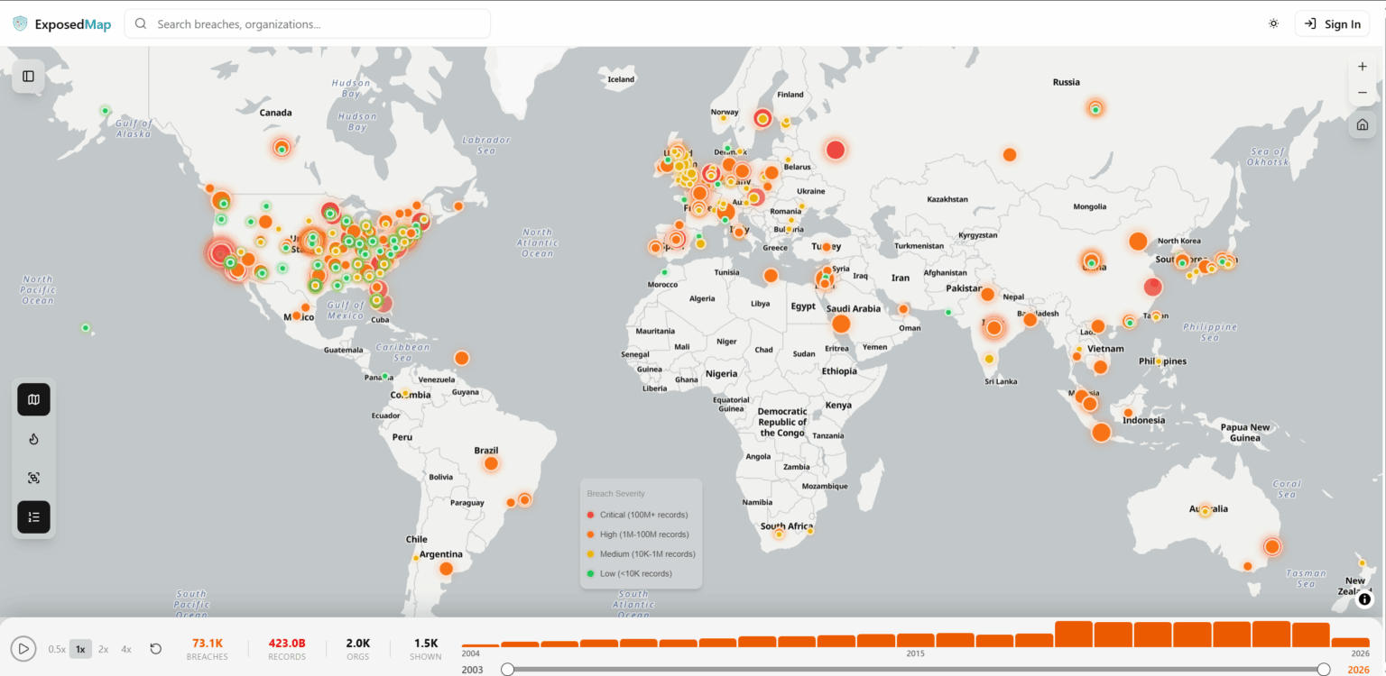 [OC] I built a globe that visualizes known data breach — 3,300+ in 2025 alone, a new record