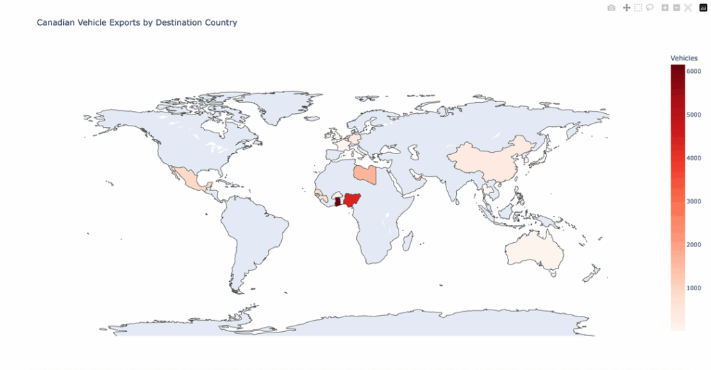 [OC] Where Canadian vehicle exports go - 193,000 cars in 10 weeks, 62% to one country