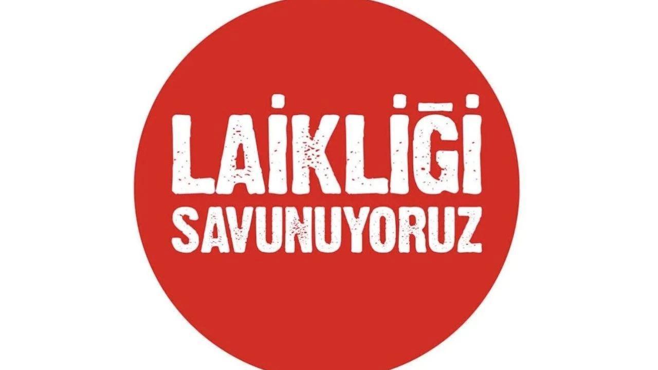 The logo of the 'We Defend Secularism' declaration, featuring the Turkish slogan against a stark red background.