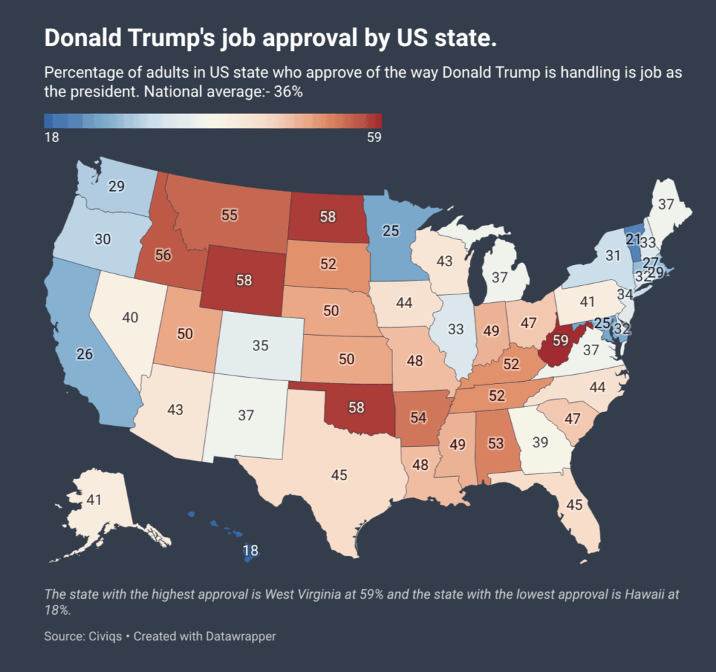 [OC] Donald Trump's job approval in the US by state