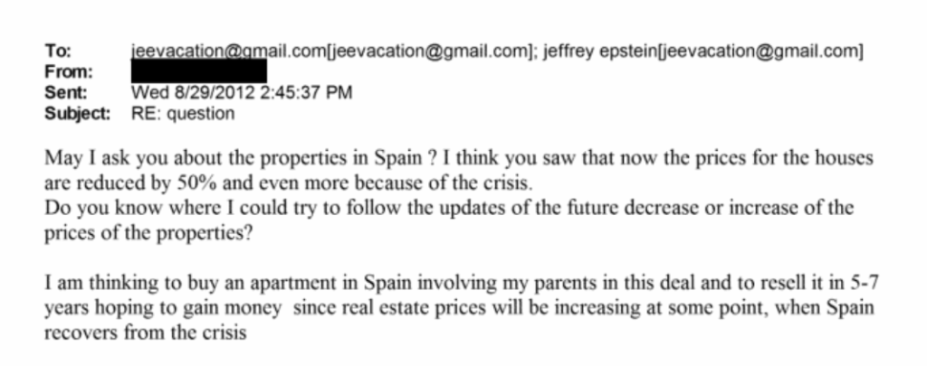 Epstein interested in speculating on housing in Spain.