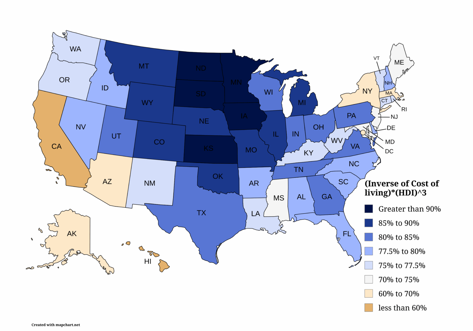 I came up with a fake index: the inverse of cost of living multiplied by the cube of each US state’s Human Development Index (HDI). Higher score = cheaper state with higher human development. I cube the HDI to penalize the lower-HDI states more strongly