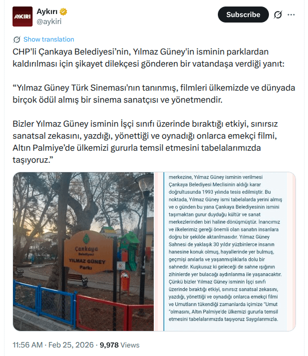CHP's Çankaya Municipality's response to a citizen who sent a petition to remove Yılmaz Güney's name from parks