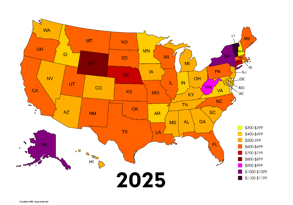 [OC] Average cost of health insurance per state before and after the Big Beautiful Bill