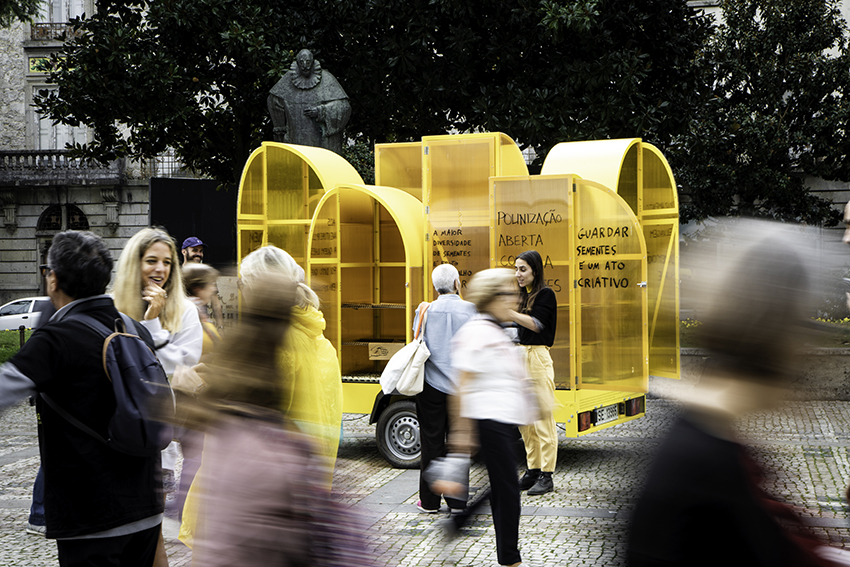 modular yellow greenhouse travels on wheels through portugal for seed germination
