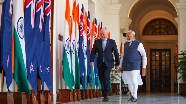 New Zealand Prime Minister Christopher Luxon and India Prime Minister Narendra Modi in India in March 2025 when negotiations were launched. 