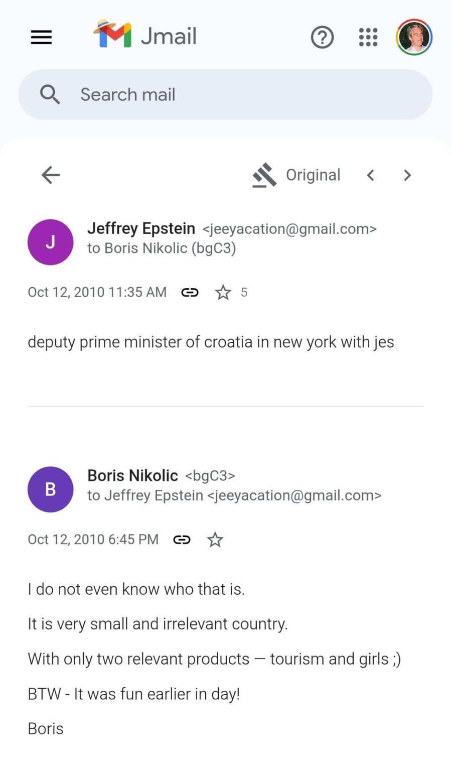 Mentions of Croatia in Epstein's emails