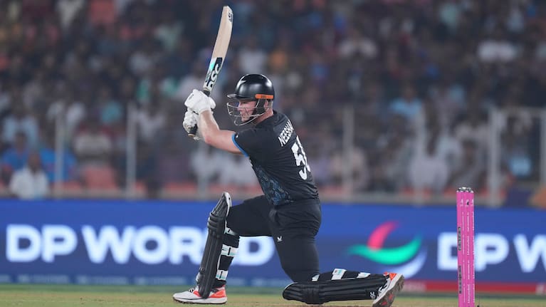 New Zealand's Jimmy Neesham plays a shot against South Africa in a T20 World Cup game in Ahmedabad.