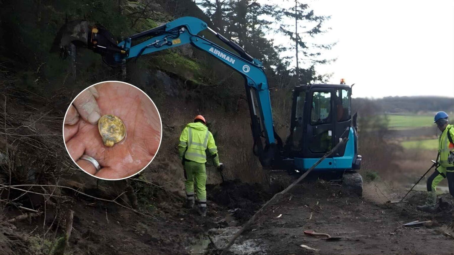 Road workers and an excavator on a hillside, with an inset showing a small gold bracteate medallion found in Norway.