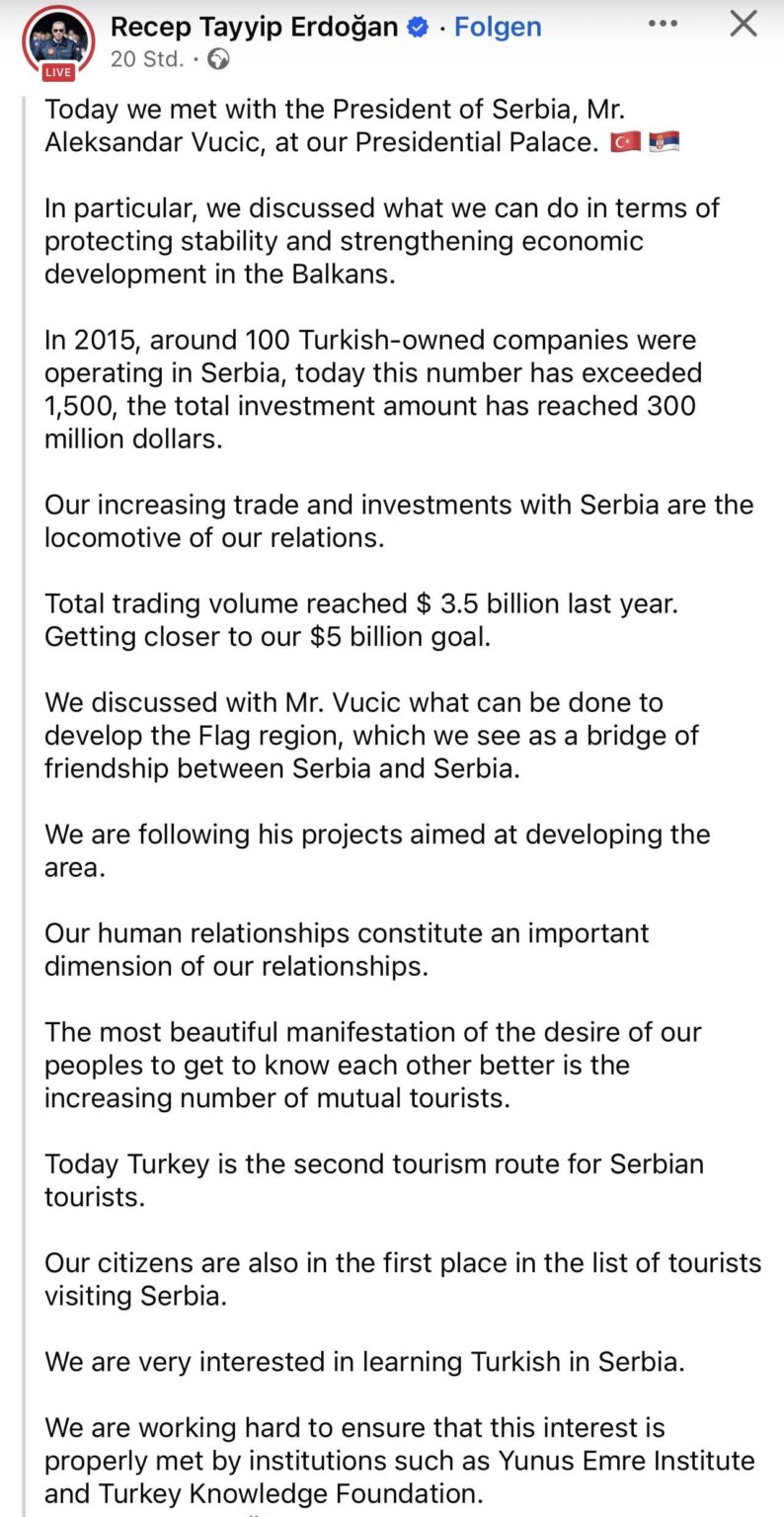 The trade between Turkey and Serbia is close to $5 billion, while the number of factories reaches 1,500.