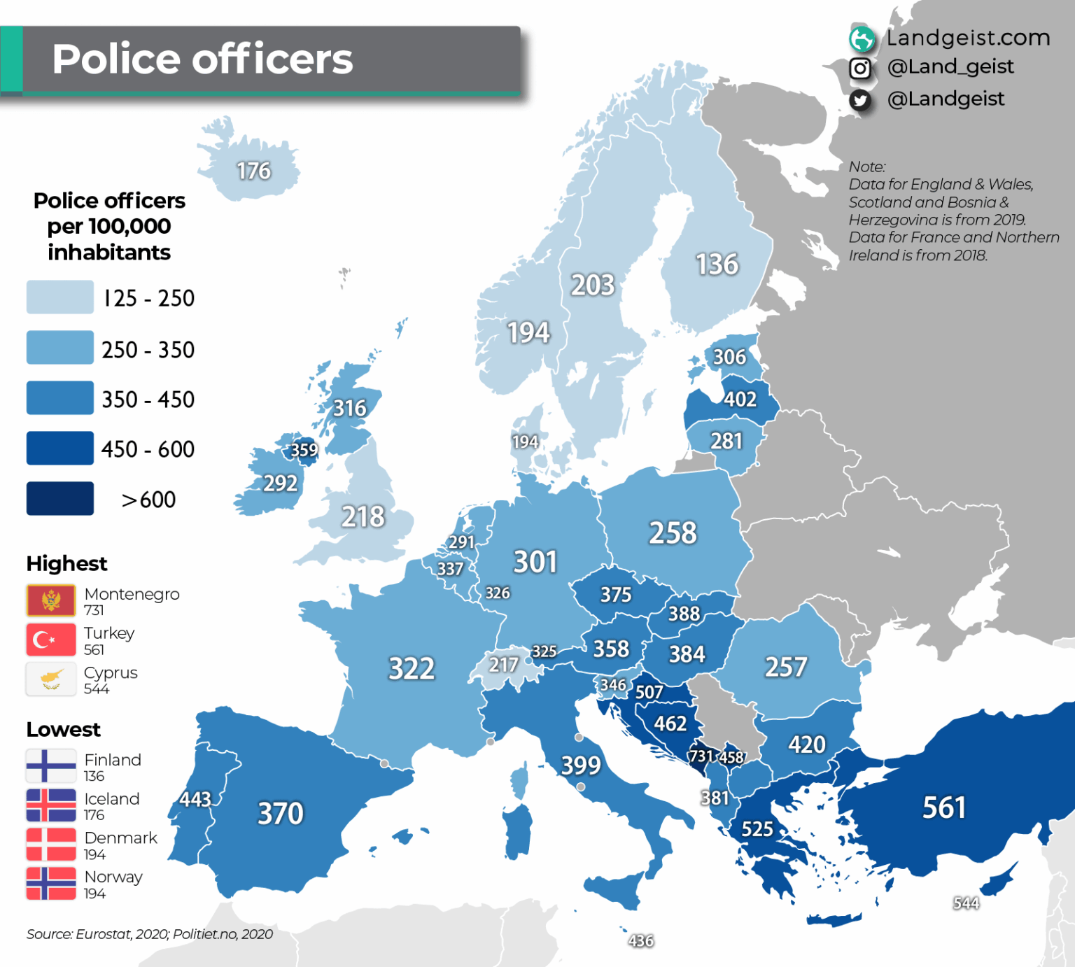 Number of police officers per 100 000 people