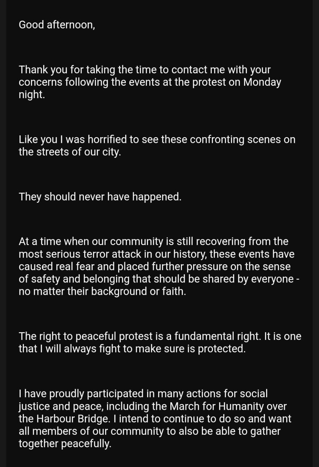 Here's the response from my local member (Summer Hill) re police brutality in the city