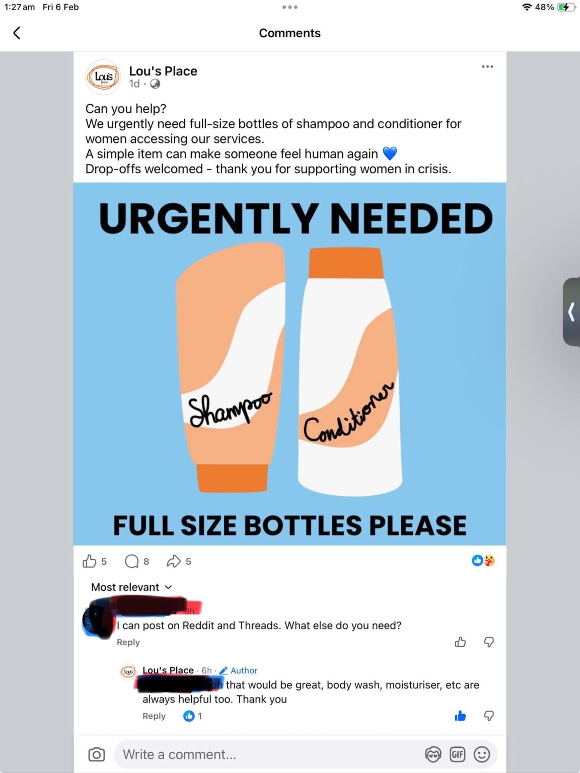 Lou’s Place - a Women’s shelter - needs supplies