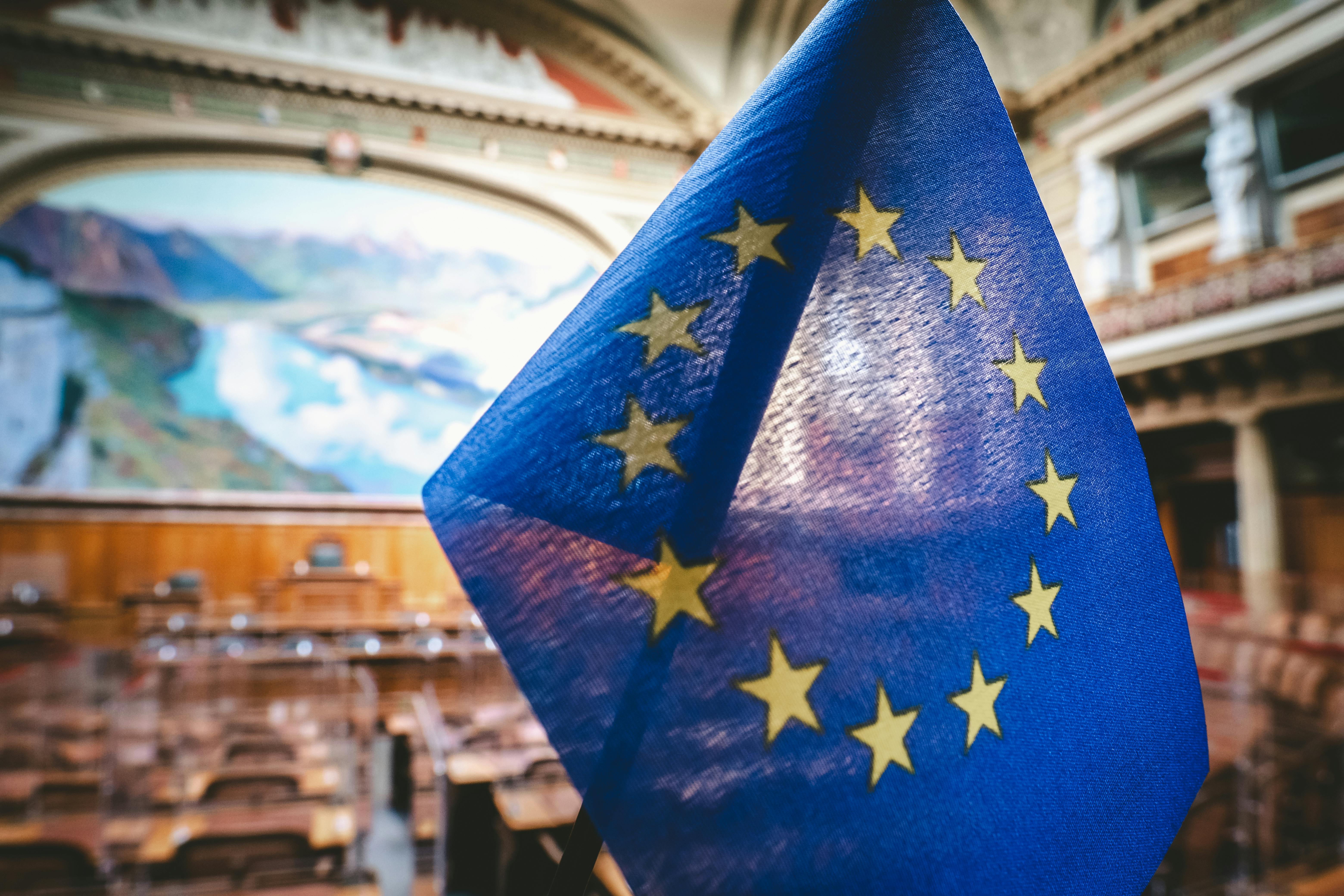 European Union flag displayed inside a parliamentary chamber with desks and mural backdrop.