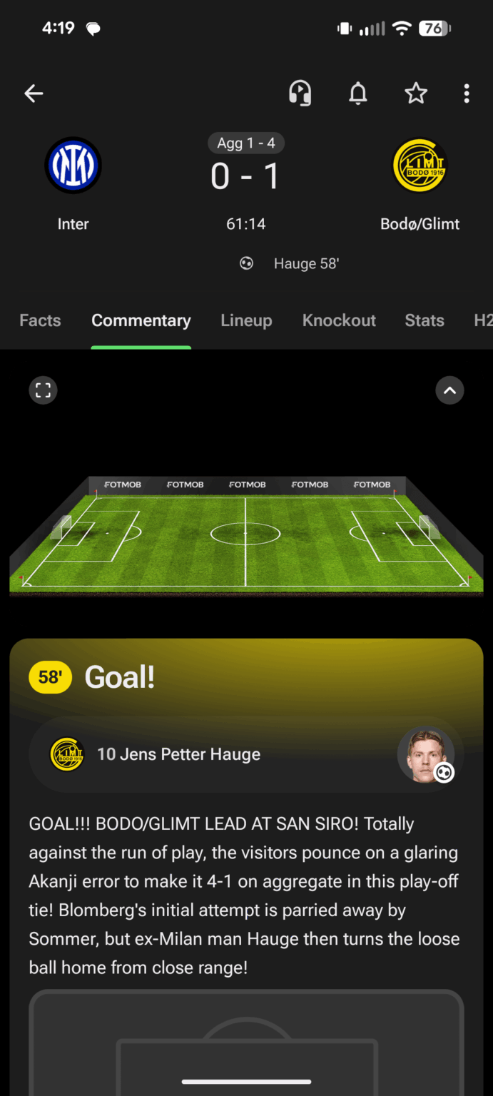 Let's go Bodø/Glimt! (Screenshot: Leg 2 - Champions League Round of 32, playing against Inter Milan.