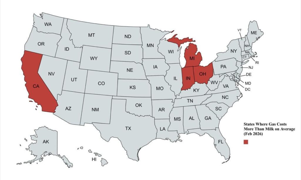 [OC] States Where Gas Costs More Than Milk on Average (Feb 2026)