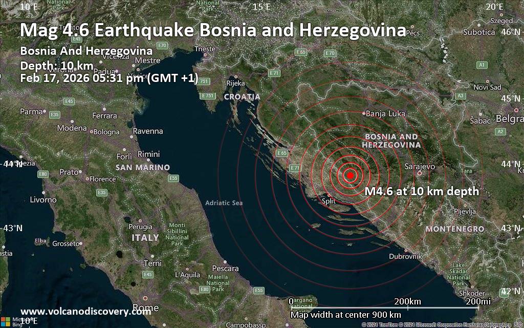 Moderate 4.6 Quake Hits Near Bugojno, Central Bosnia Canton, Federation of Bosnia and Herzegovina, Bosnia & Herzegovina