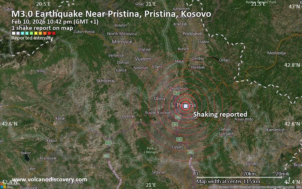 Unconfirmed quake or seismic-like event reported: Near Pristina, Pristina, Kosovo, 4 minutes ago