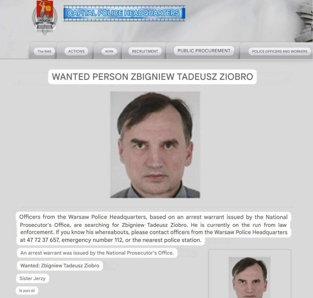 Arrest warrant for ex ministry of justice Zbigniew Ziobro