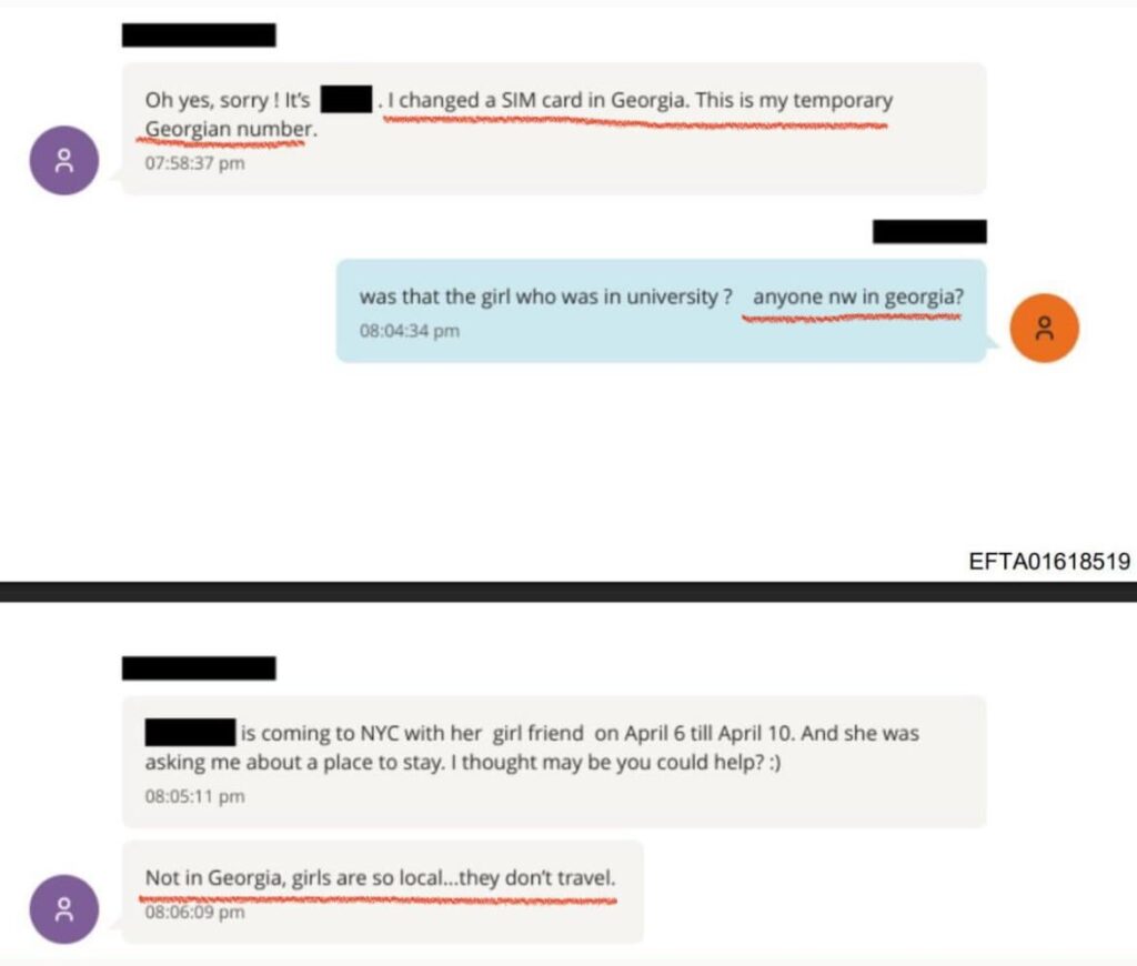 Conversation between Epstein (orange) and a redacted name (purple) about Georgian girls