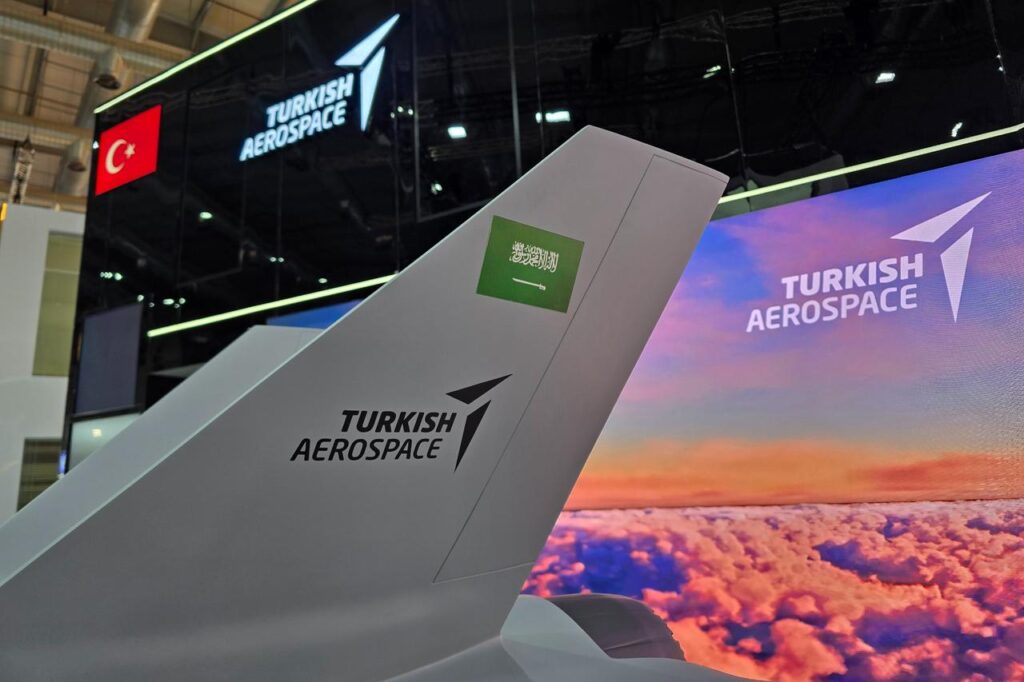 Turkish Aerospace Industries (TAI) displays the National Combat Aircraft KAAN with the Saudi flag at the World Defense Show in Saudi Arabia, Feb. 8, 2026. (Photo via X/@TUSAS_TR)