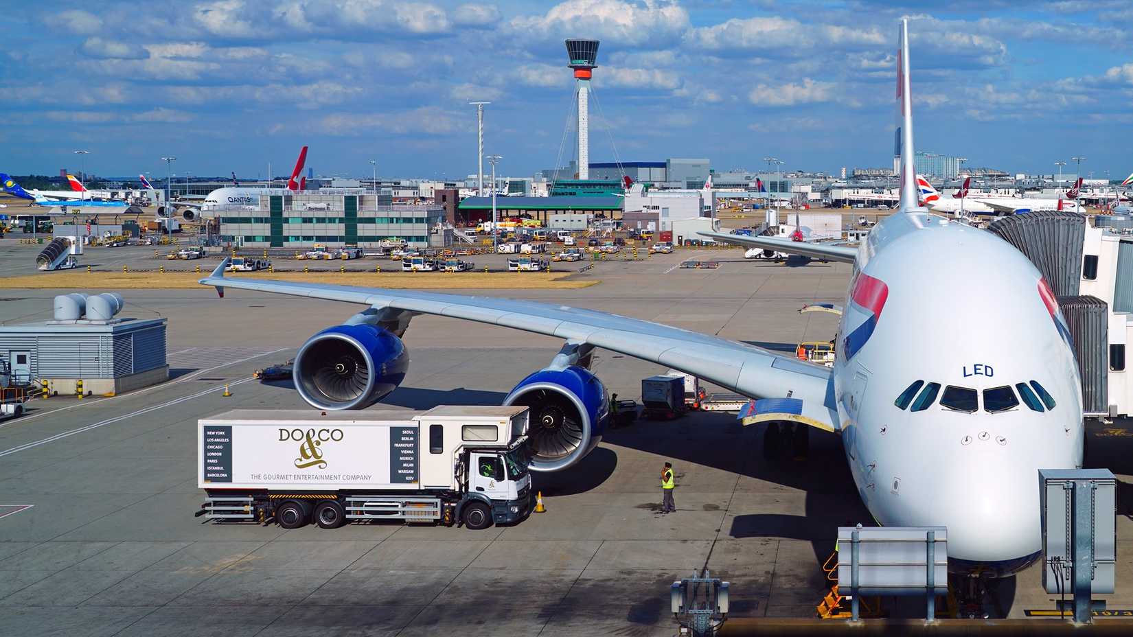 British Airways Airbus A38 on the tarmac at London Heathrow Airport Pre Departure.