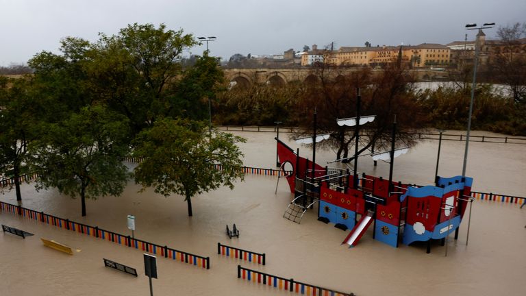 A boat-shaped climbing frame in a flooded playground near the Guadalquivir River. Pic: Reuters