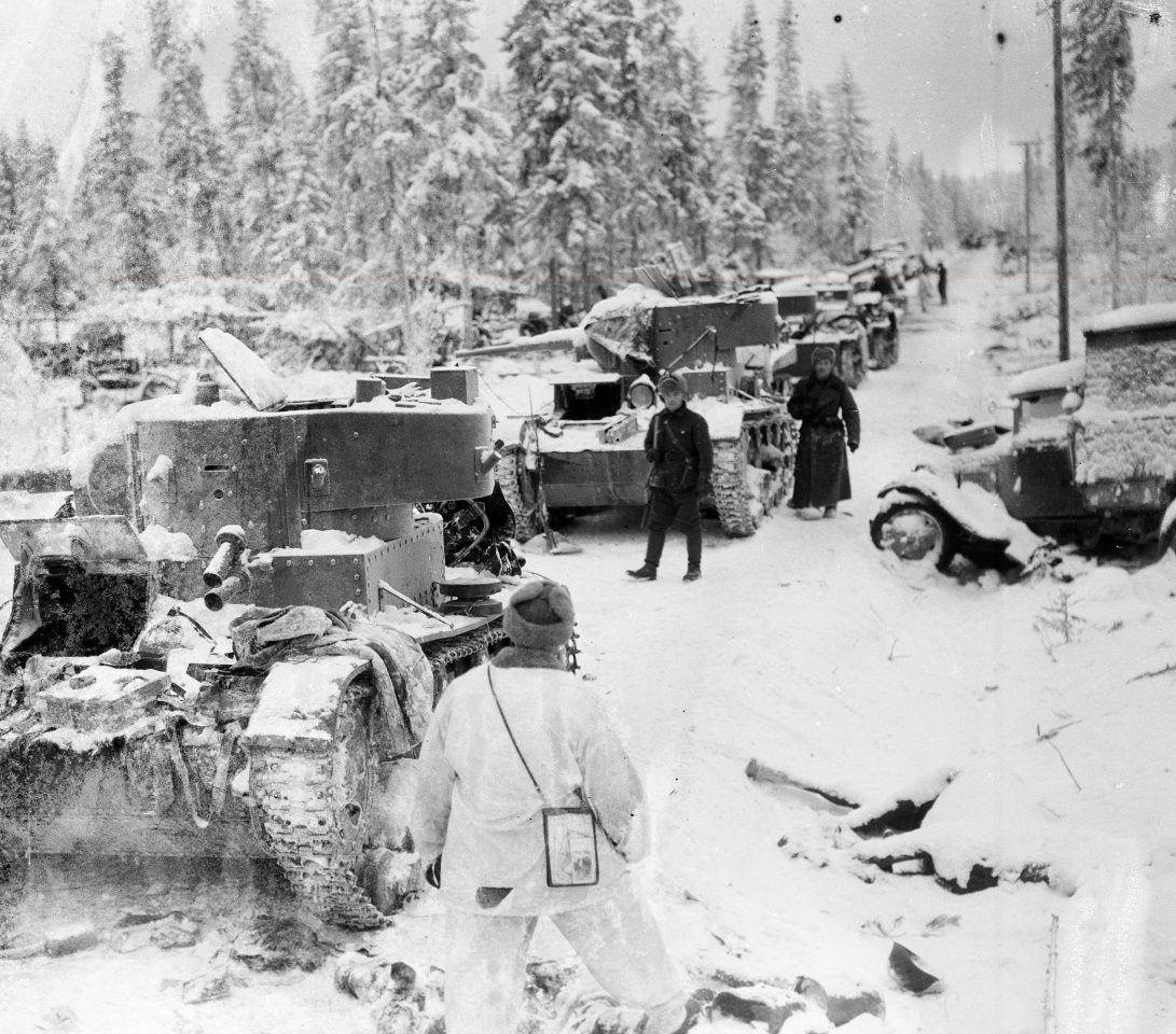Jan. 17, 1940: A long line of Soviet tanks captured by the Finnish army on the Suomussalmi front during World War II.