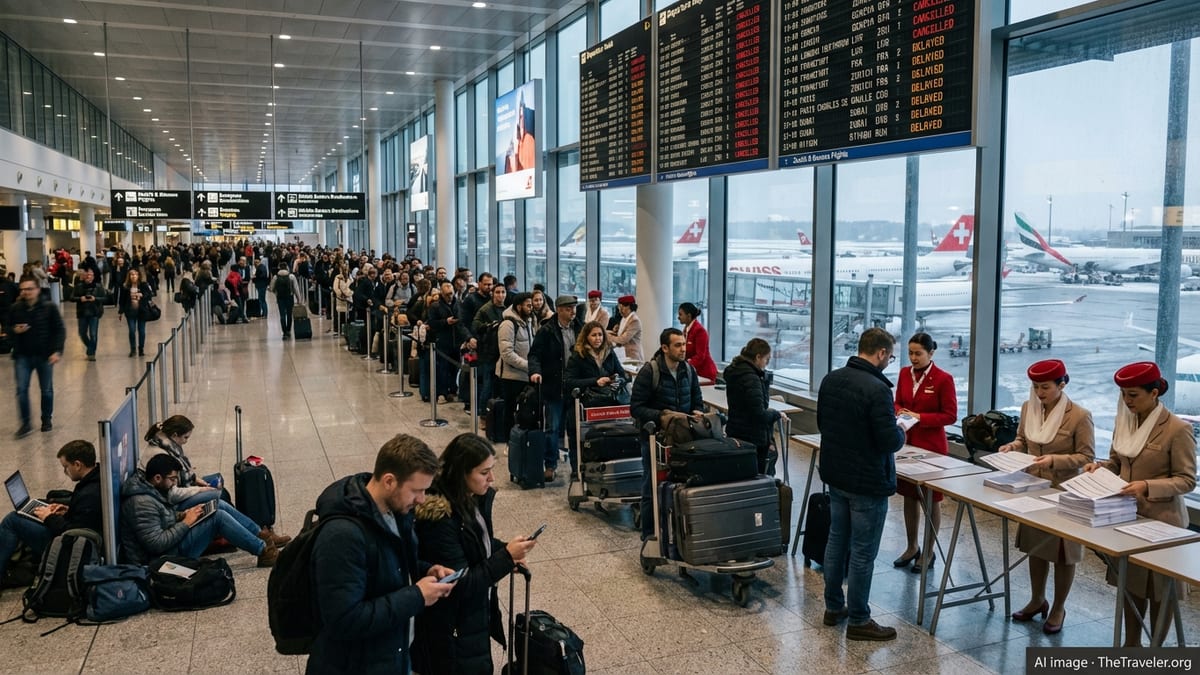 Crowded Zurich Airport departure hall with long queues and many delayed flights on overhead boards.