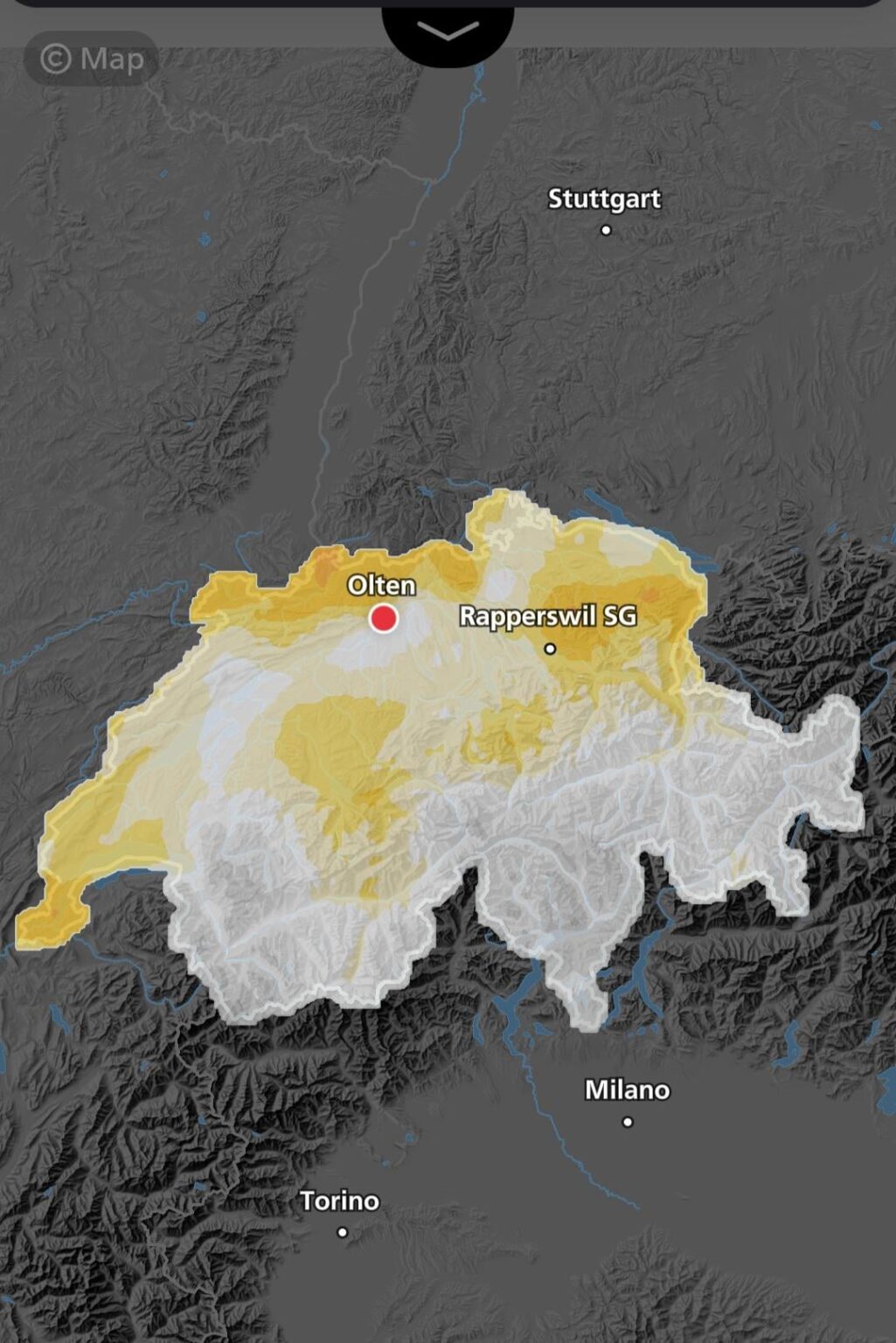 Why is the first swiss location to appear when zooming into the meteo swiss map Rapperswil of all places?