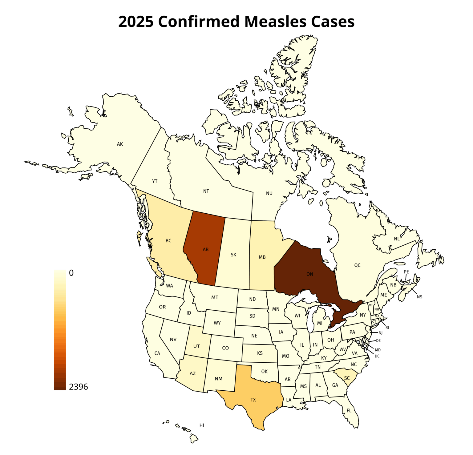 [OC] 2025 Measles Cases in the US and Canada