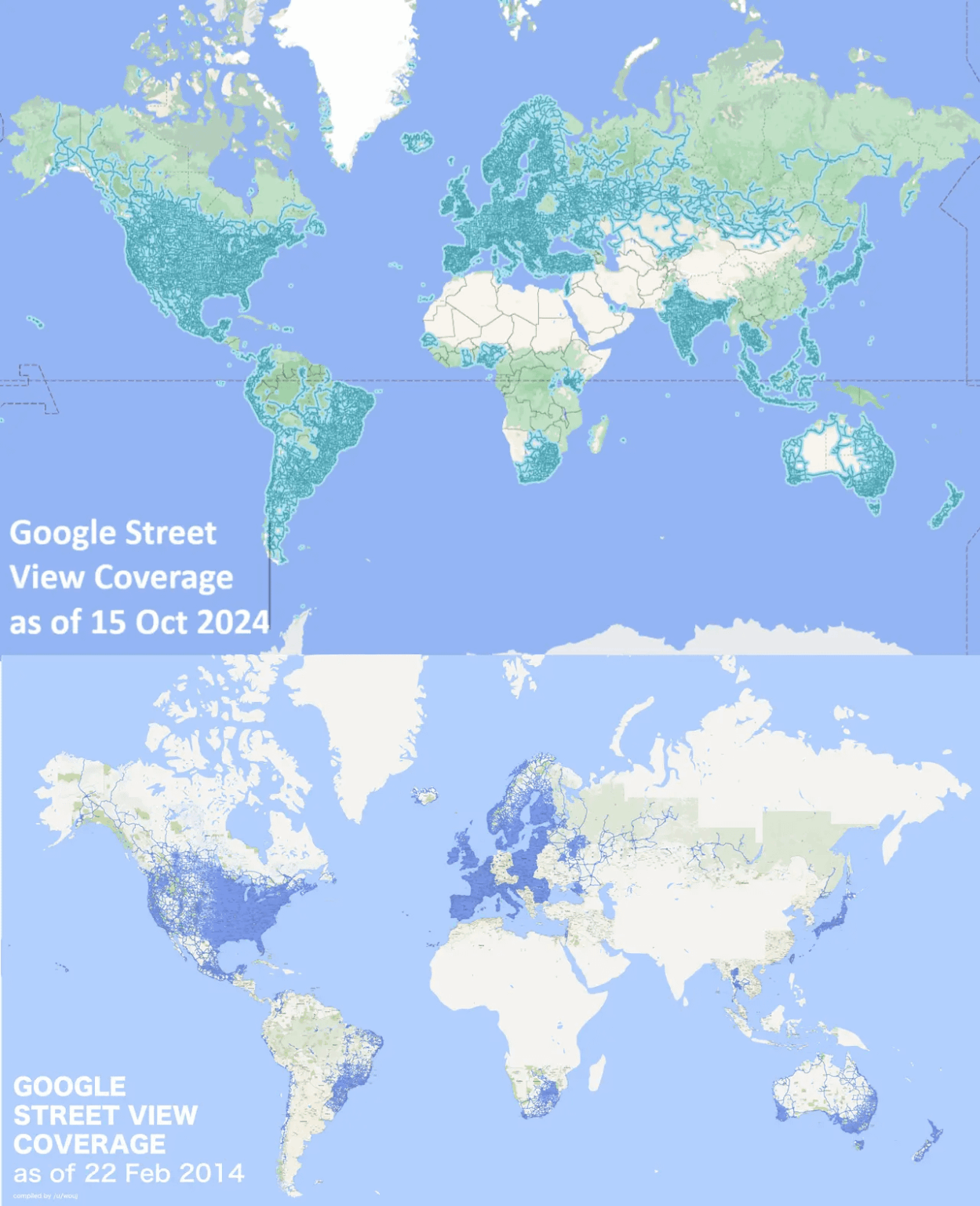 Google street view coverage change 2014-2024