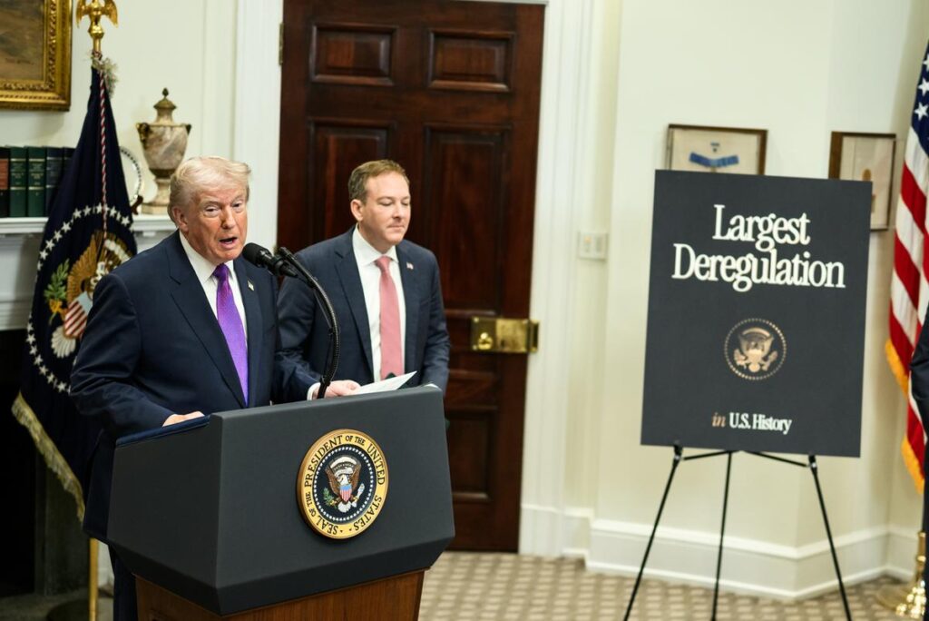 President Donald Trump and EPA Administrator Lee Zeldin make an announcement in the Roosevelt Room on rescinding the 2009 Environmental Protection Agency endangerment finding, Thursday, February 12, 2026.