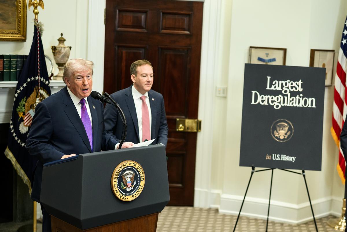 President Donald Trump and EPA Administrator Lee Zeldin make an announcement in the Roosevelt Room on rescinding the 2009 Environmental Protection Agency endangerment finding, Thursday, February 12, 2026.