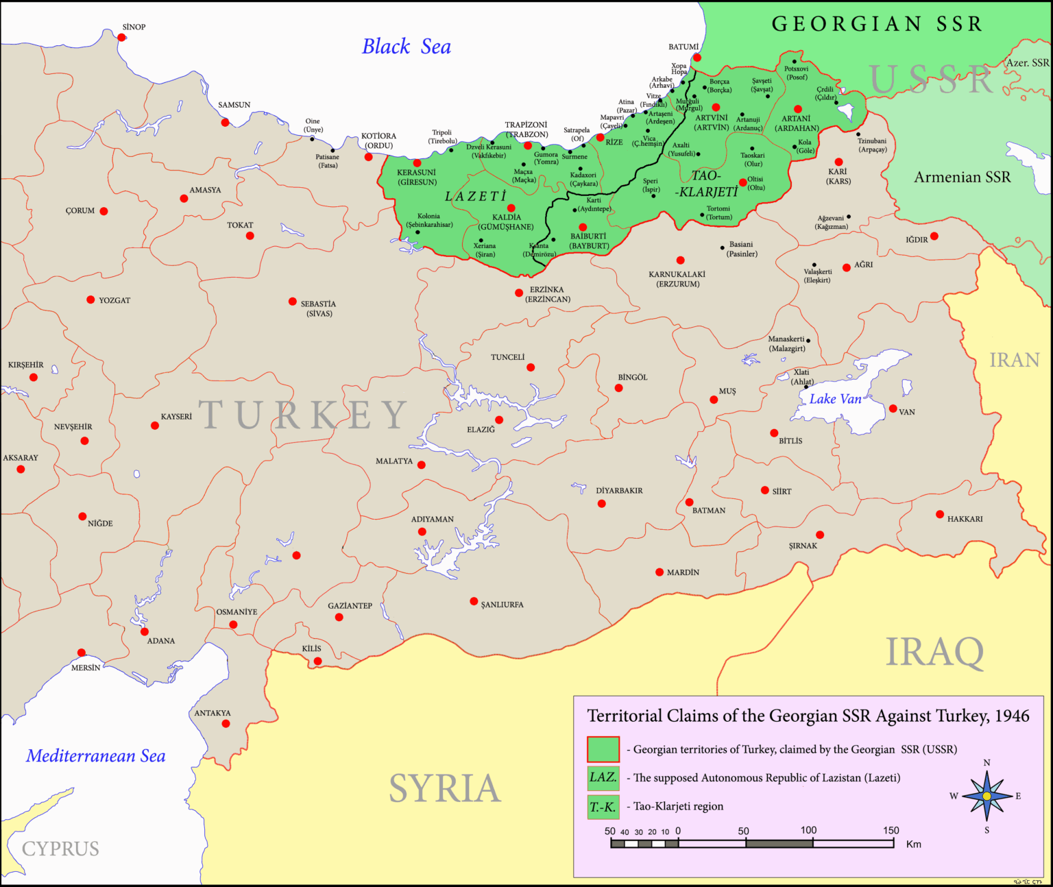 In 1946, the USSR claimed part of Turkey's territory, with Lavrentiy Beria claiming the Ottoman Empire had stolen it from Georgia. The claim was abandoned after Stalin's death in 1953.