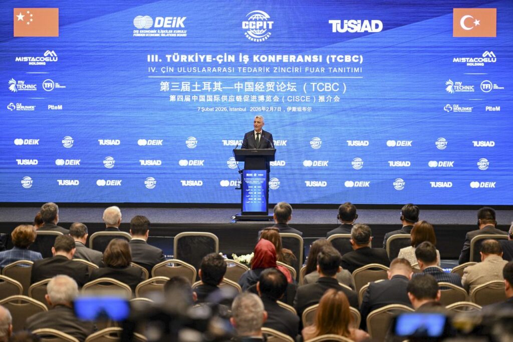 Trade Minister Omer Bolat speaks at the 3rd Türkiye-China Business Conference, organized by the Foreign Economic Relations Board (DEiK), Turkish Industry and Business Association (TUSiAD), and China Council for the Promotion of International Trade (CCPIT) at a hotel in Istanbul on Feb. 7, 2026. (AA Photo)