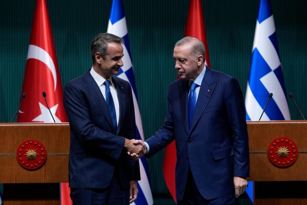 Turkish President Recep Tayyip Erdogan (R) and Greek Prime Minister Kyriakos Mitsotakis (L) hold a joint press conference after their meeting at the Presidential Complex in Ankara, Türkiye on May 13, 2024. (AA Photo)