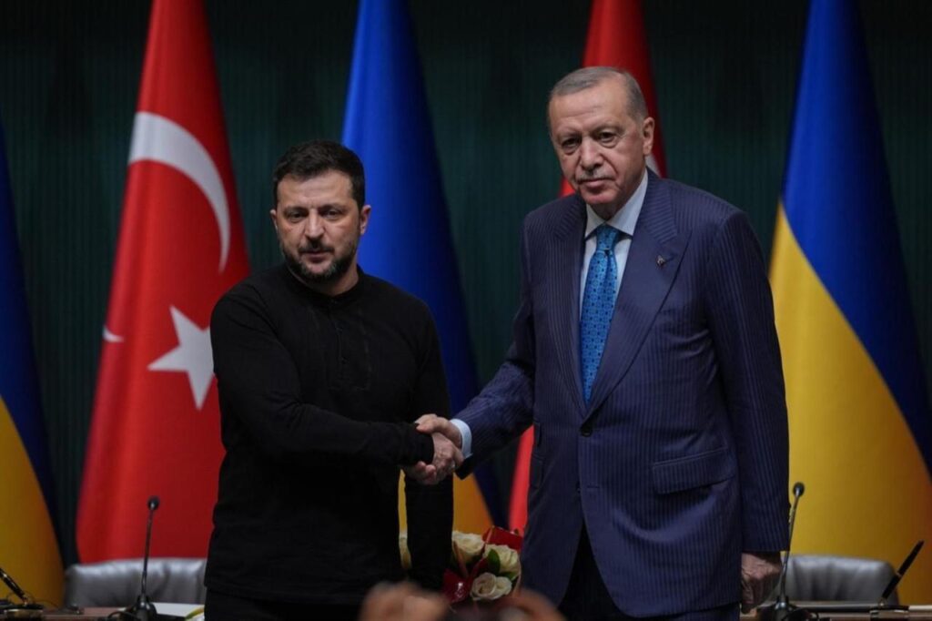 President Recep Tayyip Erdogan (R) and Ukrainian President Volodymyr Zelenskyy (L) shake hands as they hold a joint press conference in Ankara, Türkiye on February 18, 2025. (AA Photo)