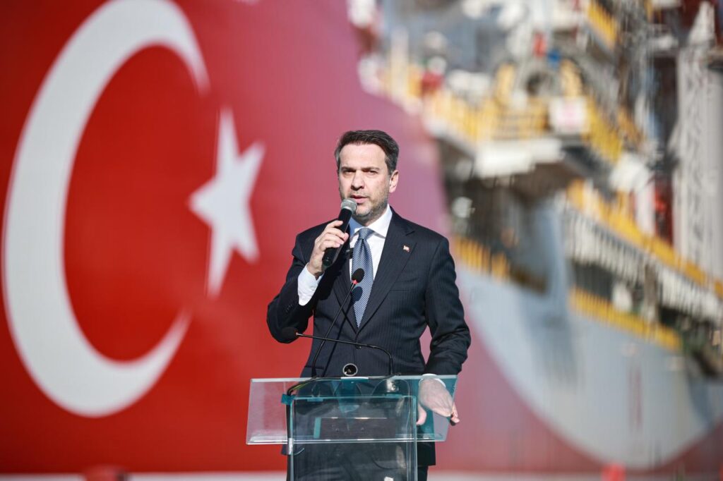 Turkish Energy and Natural Resources Minister Alparslan Bayraktar and Somalian Minister of Petroleum and Mineral Resources Dahir Shire Muhammed (not seen) attend the ceremony before Turkish Turkiye