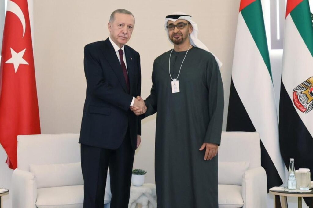 Turkish President Recep Tayyip Erdogan (L) meets with United Arab Emirates Sheikh Mohamed bin Zayed Al Nahyan (R) in Dubai, United Arab Emirates on February 13, 2024. (Turkish Presidency / AA Photo)