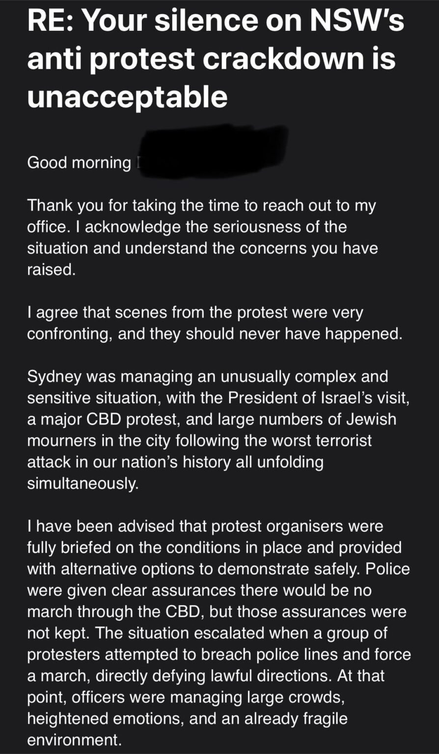 My local (Penrith) State MP's response to an email regarding concerns of police brutality in the city
