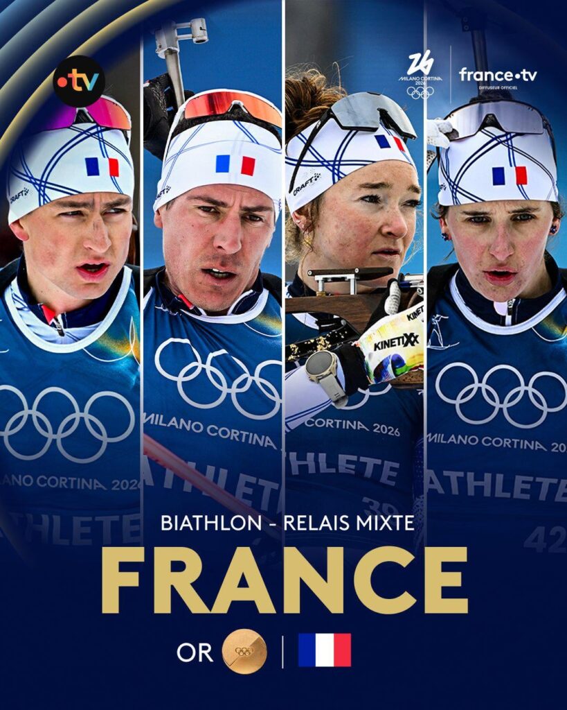 The French biathlon team wins the gold medal in the mixed relay. CONGRATULATIONS to E.Perrot, Q.Fillon Maillet, L.Jeanmonnot and J.Simon!