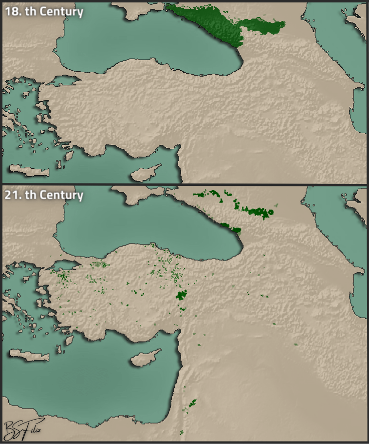 A map of Circassian populated areas before and after the Circassian Genocide