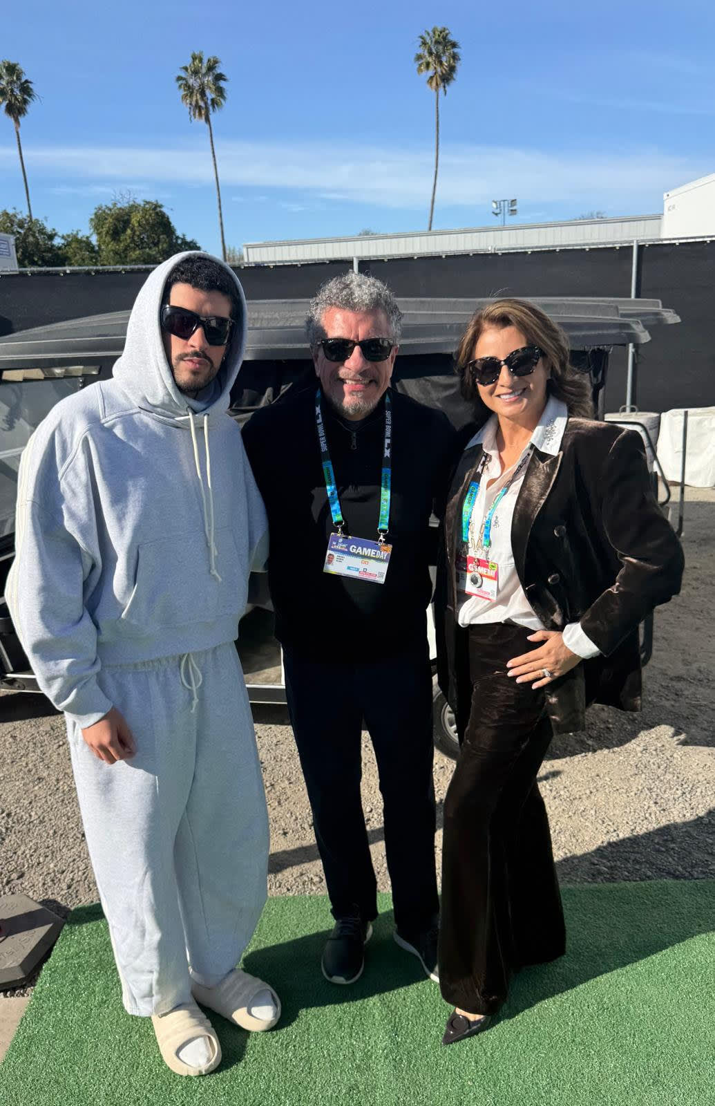 Bad Bunny with Giancarlo and Shirley Guerrero before Super Bowl LX.