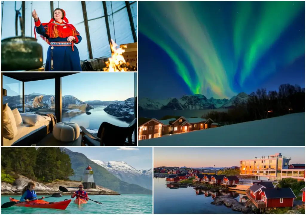 Luxury travel experiences in Norway featuring Northern Lights over fjord cabins, kayaking in turquoise waters, scenic glass lodge views, and Sami cultural traditions.