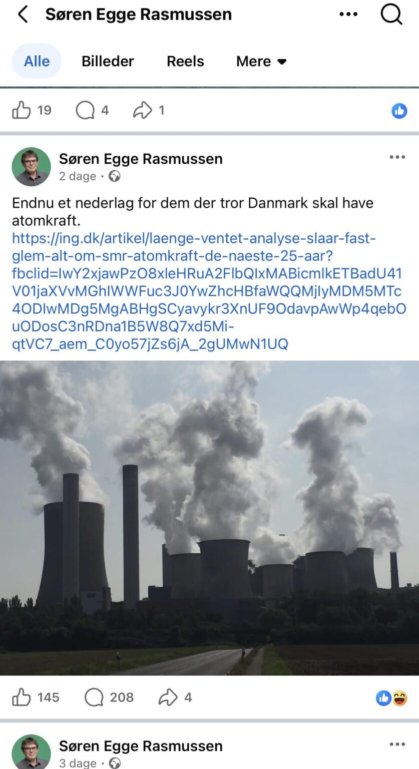 Enhedslisten's energy rapporteur shares a picture of a coal power plant in a scare post about nuclear power