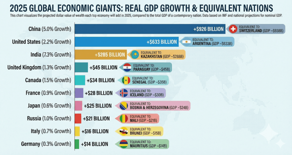 Real GDP and PPP growth of the ten largest economies in the year 2025, compared to nations with equivalent total GDPs