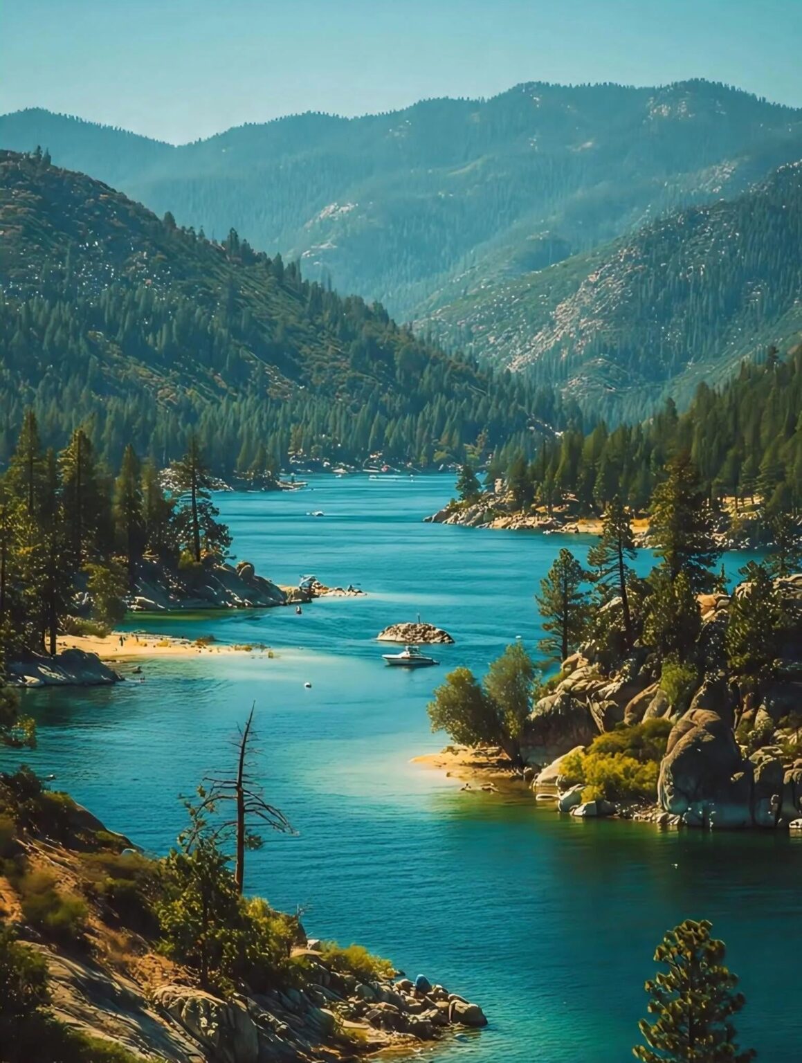Emerald Lake Paradise Between Pine-Covered Mountains.